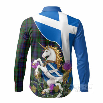 Murray Scottish Tartan Crest Unicorn Heritage Long Sleeve Button Shirts - Tartan Vibes Clothing