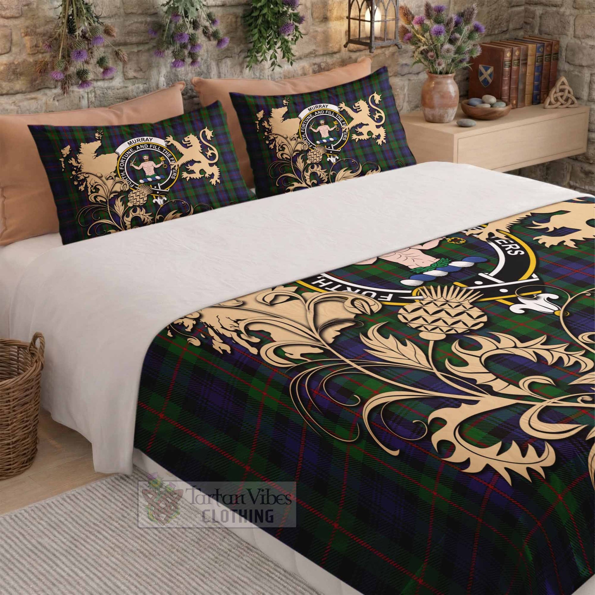 Murray Tartan Crest Bedding Set with Scottish Iconic Symbols 