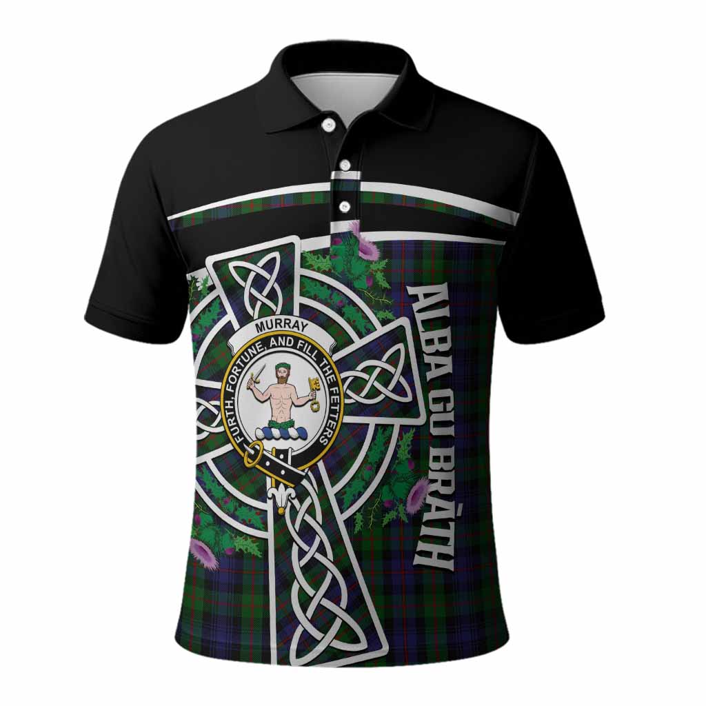 Murray Tartan Crest Polo Shirt Scottish Thistle Celtic Cross Alba Gu Brath