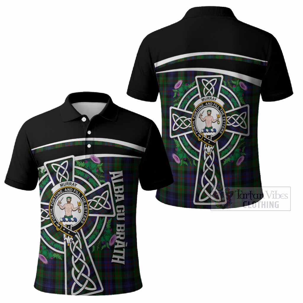 Murray Tartan Crest Polo Shirt Scottish Thistle Celtic Cross Alba Gu Brath