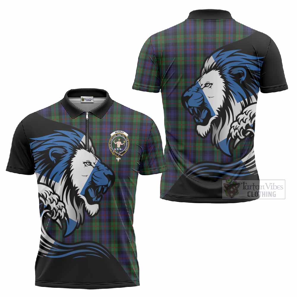 Murray Tartan Crest Zipper Polo Shirt Scottish Golden Lions Wave Flow