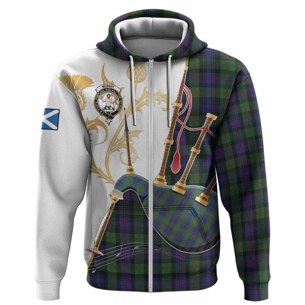 Murray Tartan Family Crest Hoodie Bagpipes with Scottish Thistle