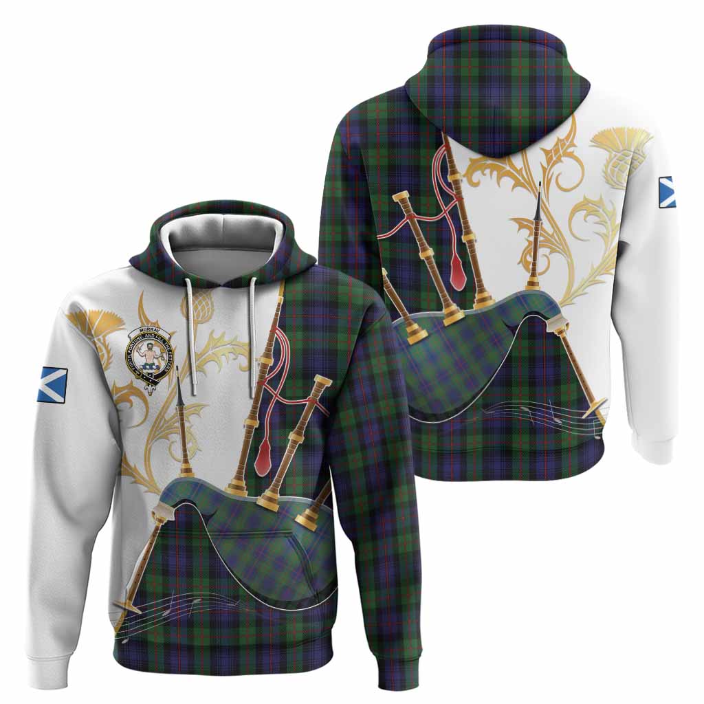 Murray Tartan Family Crest Hoodie Bagpipes with Scottish Thistle