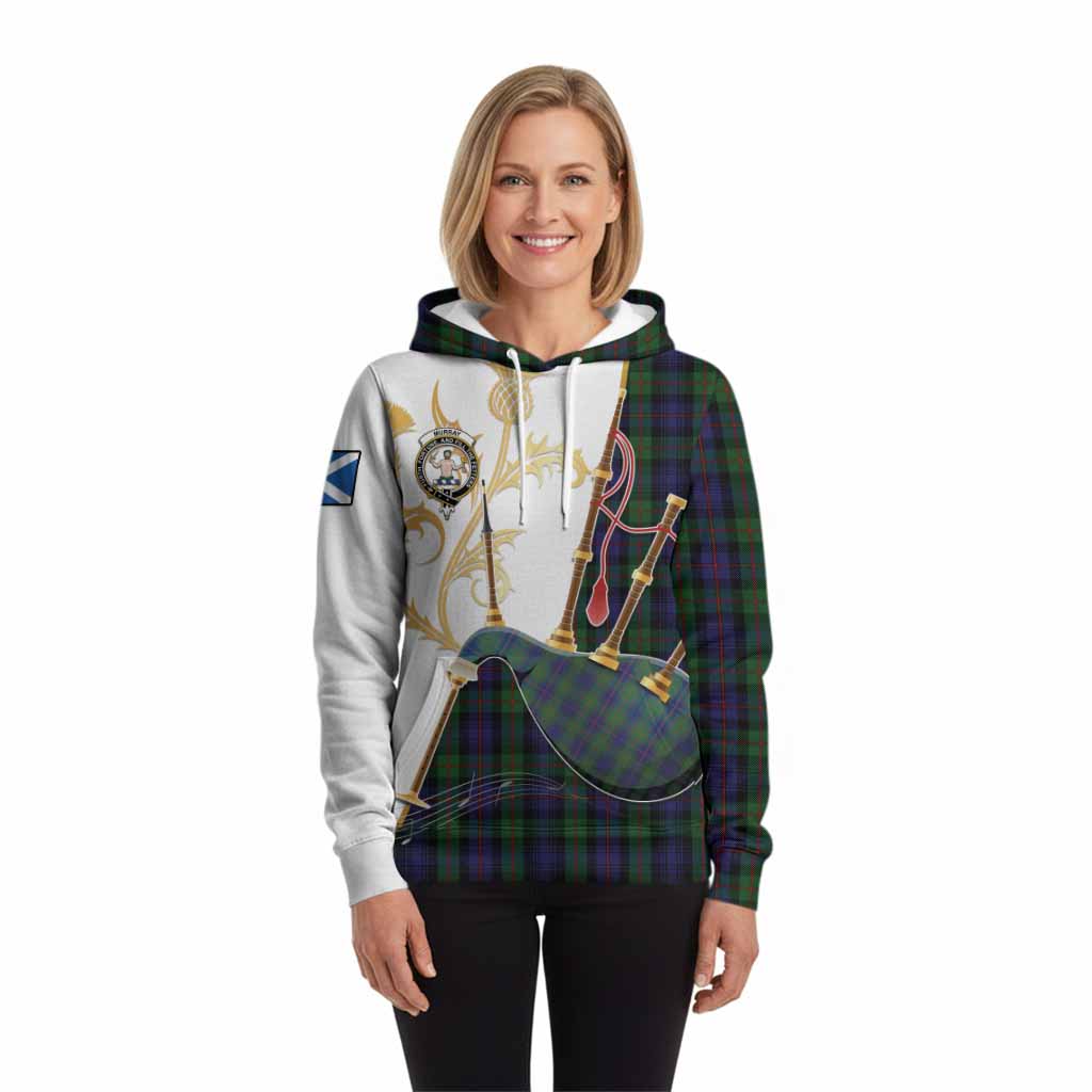 Murray Tartan Family Crest Hoodie Bagpipes with Scottish Thistle