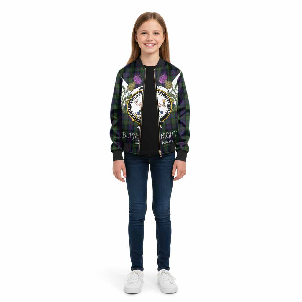 Murray Tartan Family Crest Kid Bomber Jacket Scottish Burns Night Thistle Floral