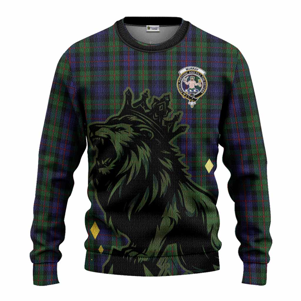 Murray Tartan Family Crest Knitted Sweater Crowned Lion Roaring