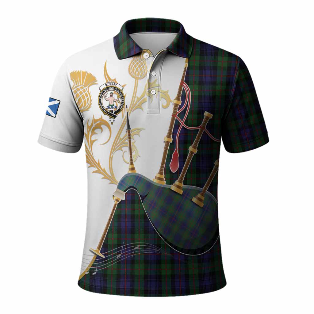 Murray Tartan Family Crest Polo Shirt Bagpipes with Scottish Thistle