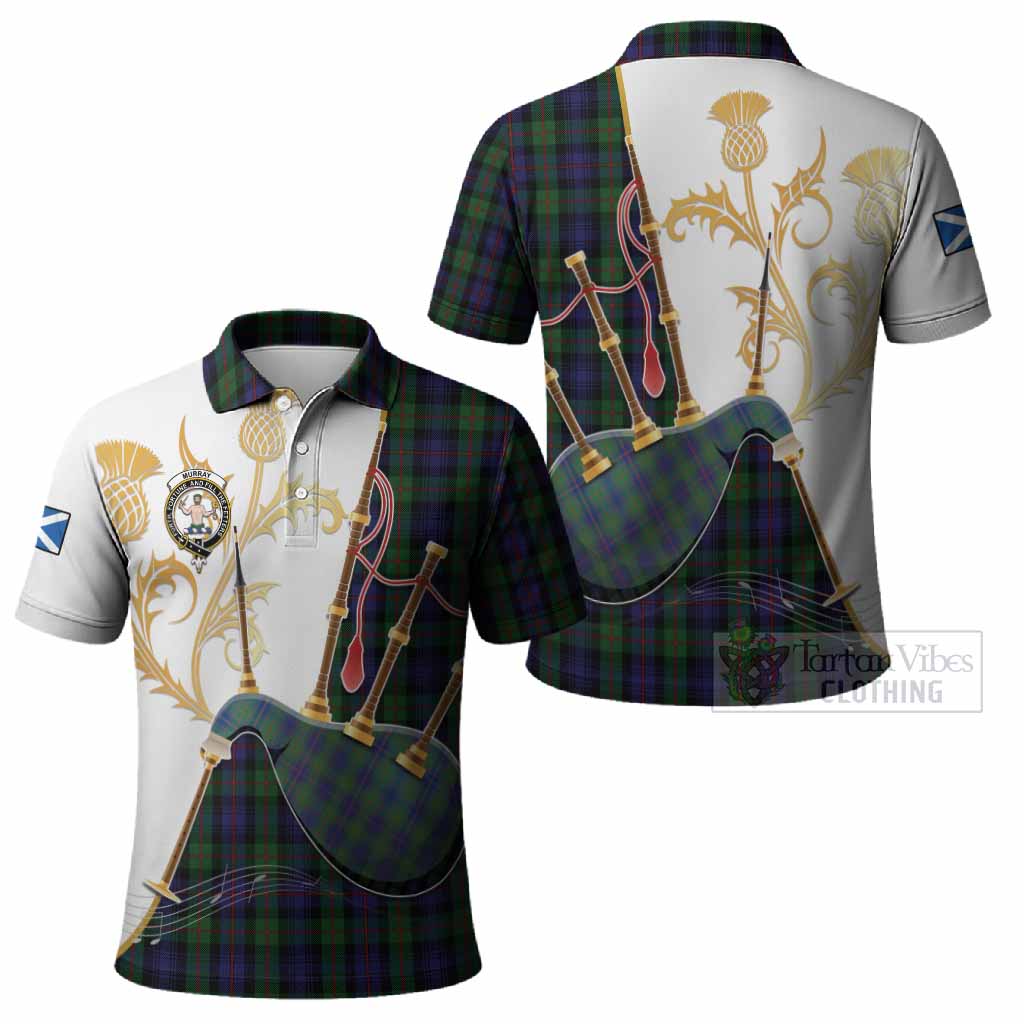 Murray Tartan Family Crest Polo Shirt Bagpipes with Scottish Thistle