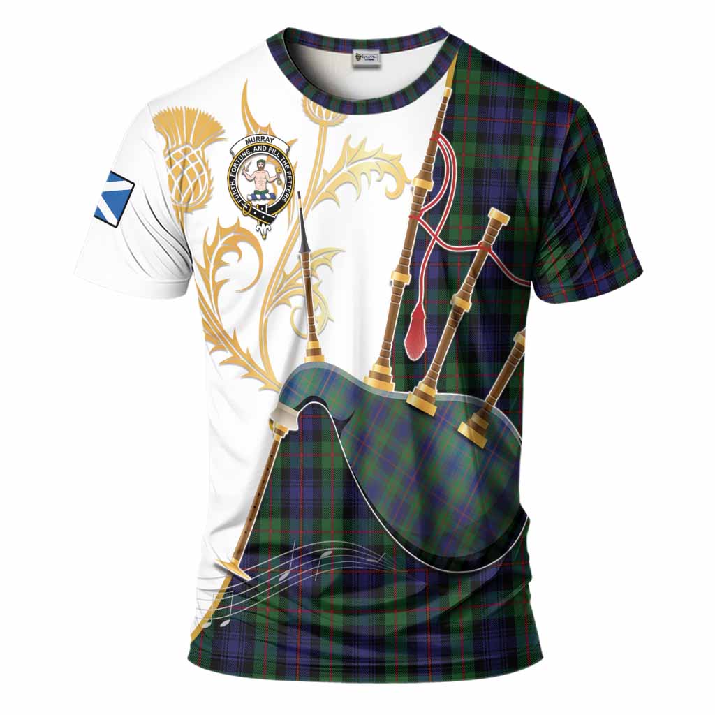 Murray Tartan Family Crest T-Shirt Bagpipes with Scottish Thistle