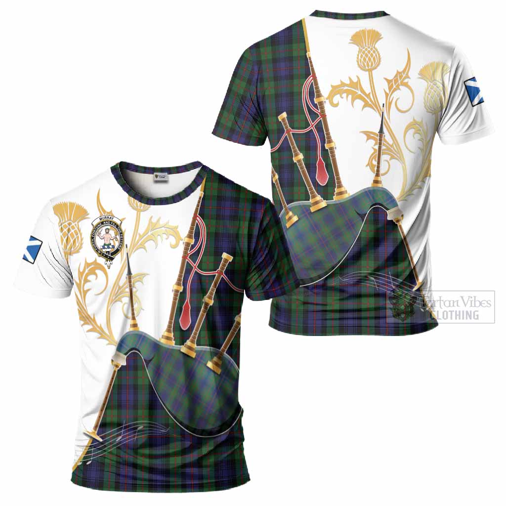 Murray Tartan Family Crest T-Shirt Bagpipes with Scottish Thistle