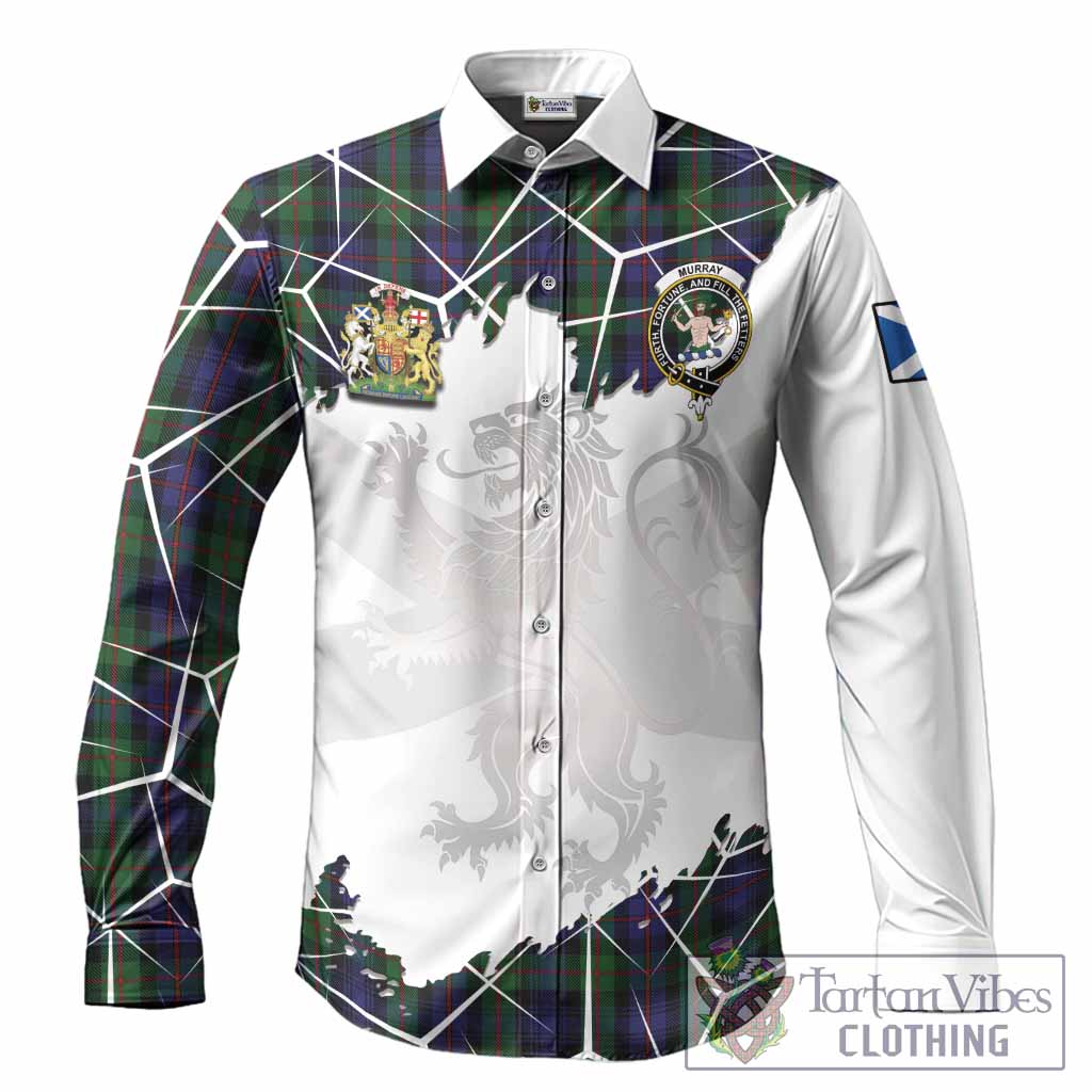 Murray Tartan Long Sleeve Button Shirts with Family Crest and Lion Rampant Grunge Style