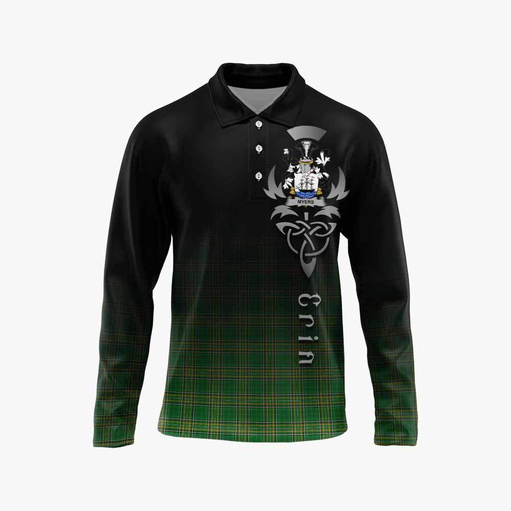 Tartan Vibes Clothing Myers Irish Clan Long Sleeve Polo Shirt with Coat of Arms Erin Go Bragh Celtic Inspired