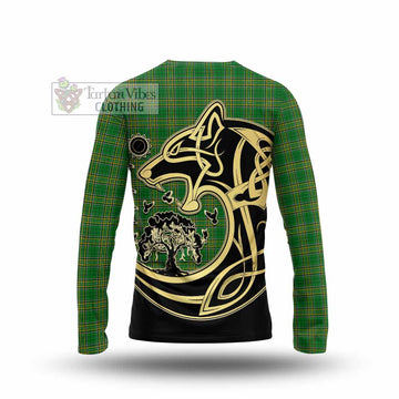 Tartan Vibes Clothing Myers Irish Tartan Long Sleeve T-Shirt with Coat of Arms Celtic Wolf Style