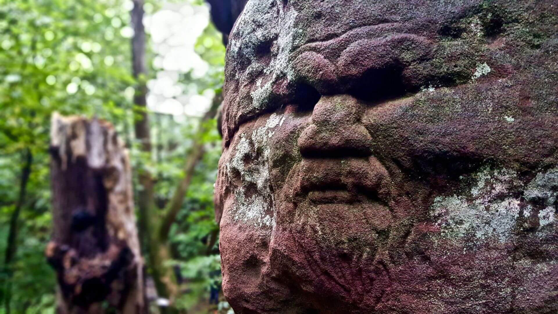 Ancient carved stone face at Dunino Den in Fife, Scotland — a mystical forest site steeped in Celtic folklore and pagan history.