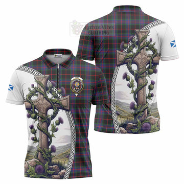 Nairn Tartan Zipper Polo Shirt with Family Crest and St. Andrew's Cross Accented by Thistle Vines Unisex - Tartan Vibes Clothing