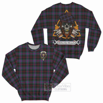 Nairn Tartan Sweatshirt with Family Crest and Bearded Skull Holding Bottles of Whiskey Unisex - Tartan Vibes Clothing