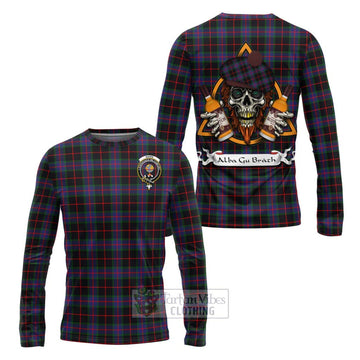 Nairn Tartan Long Sleeve T-Shirt with Family Crest and Bearded Skull Holding Bottles of Whiskey Unisex - Tartan Vibes Clothing