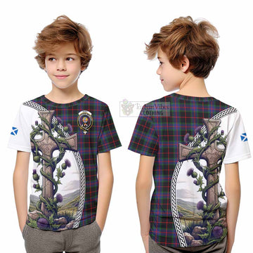 Nairn Tartan Kid T-Shirt with Family Crest and St. Andrew's Cross Accented by Thistle Vines Youth XL Size14 - Tartan Vibes Clothing
