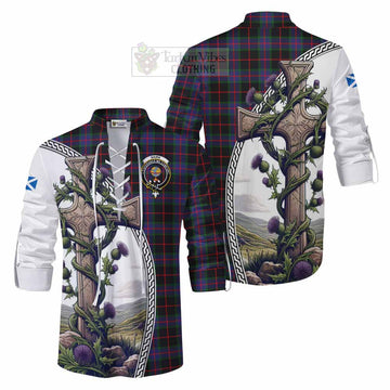 Nairn Tartan Ghillie Kilt Shirt with Family Crest and St. Andrew's Cross Accented by Thistle Vines Men - Tartan Vibes Clothing