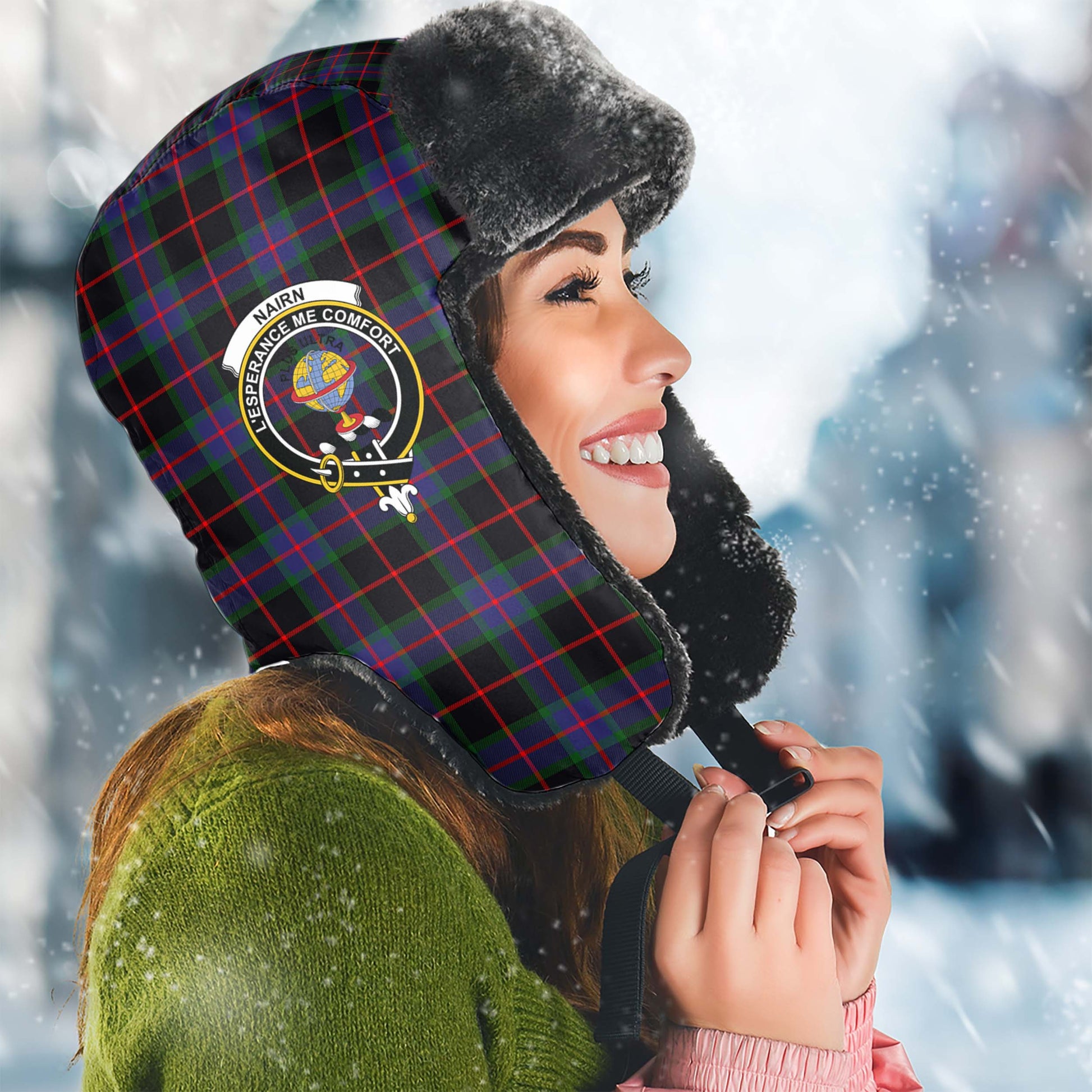 Nairn Tartan Winter Trapper Hat with Family Crest Winter Trapper Hat Universal Fit Circumference 22.8in (58cm) - Tartan Vibes Clothing
