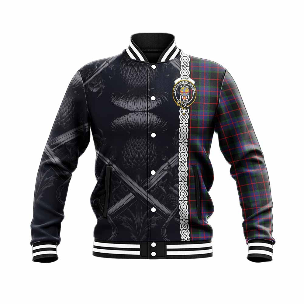 Nairn Tartan Baseball Jacket with Family Crest Cross Sword Thistle Celtic Vibes Unisex - Tartan Vibes Clothing