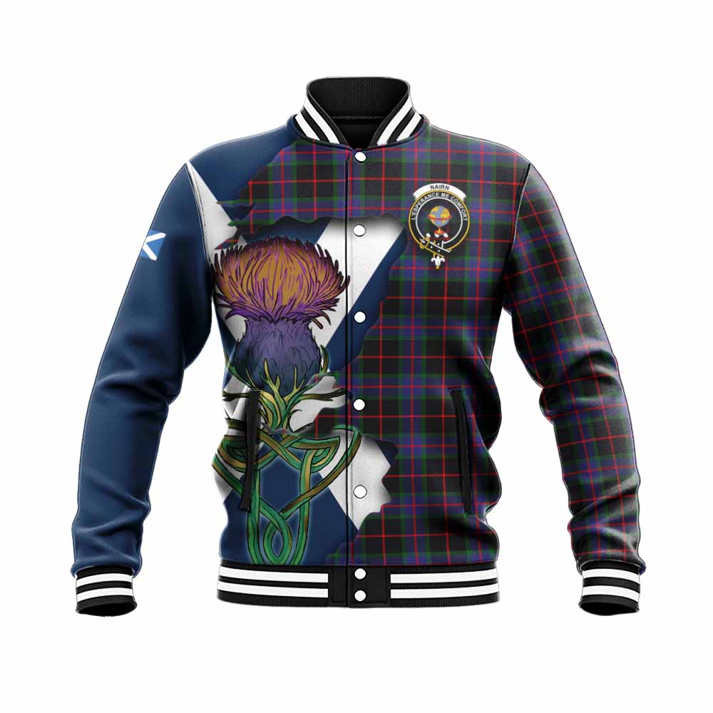 Tartan Vibes Clothing Nairn Tartan Family Crest Baseball Jacket Scottish Thistle Celtic Inspired