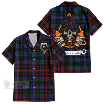 Nairn Tartan Hawaiian Shirt with Family Crest and Bearded Skull Holding Bottles of Whiskey Kid - Tartan Vibes Clothing