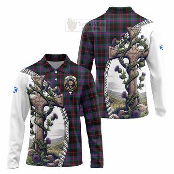 Nairn Tartan Long Sleeve Polo Shirt with Family Crest and St. Andrew's Cross Accented by Thistle Vines Unisex - Tartan Vibes Clothing