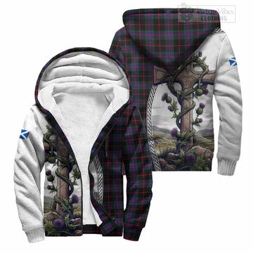 Nairn Tartan Sherpa Hoodie with Family Crest and St. Andrew's Cross Accented by Thistle Vines Unisex S - Tartan Vibes Clothing