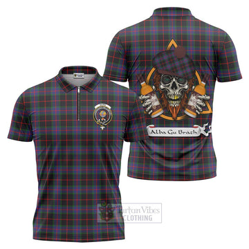 Nairn Tartan Zipper Polo Shirt with Family Crest and Bearded Skull Holding Bottles of Whiskey Unisex - Tartan Vibes Clothing