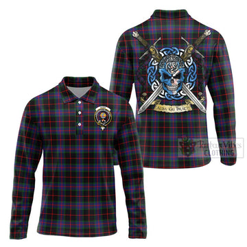 Nairn Tartan Long Sleeve Polo Shirt with Family Crest Celtic Skull Style Unisex - Tartan Vibes Clothing