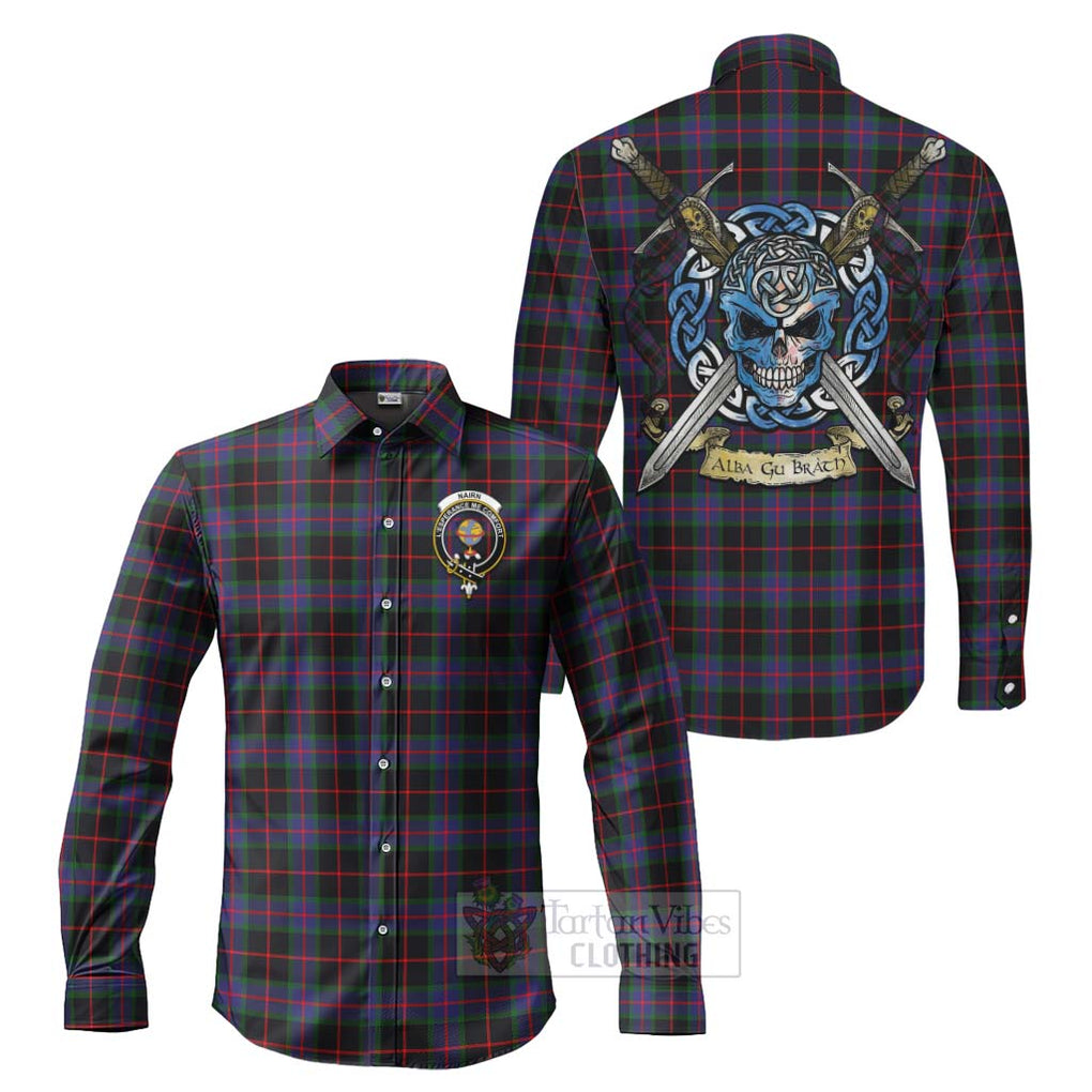Nairn Tartan Long Sleeve Button Shirt with Family Crest Celtic Skull Style Men's Shirt S - Tartan Vibes Clothing