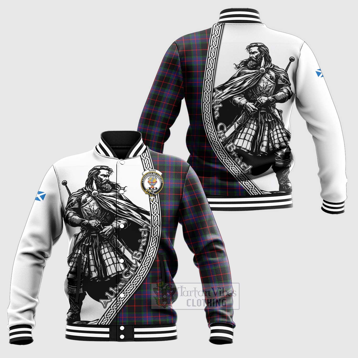 Nairn Tartan Clan Crest Baseball Jacket with Highlander Warrior Celtic Style Unisex - Tartan Vibes Clothing