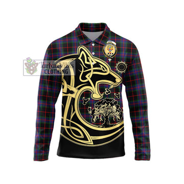 Nairn Tartan Long Sleeve Polo Shirt with Family Crest Celtic Wolf Style Unisex - Tartan Vibes Clothing