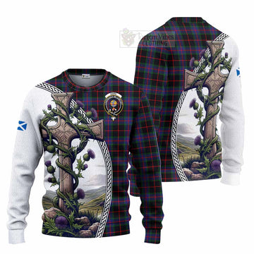 Nairn Tartan Knitted Sweater with Family Crest and St. Andrew's Cross Accented by Thistle Vines Unisex - Tartan Vibes Clothing