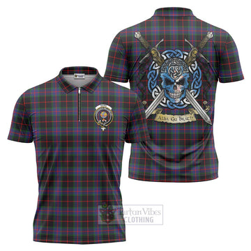 Nairn Tartan Zipper Polo Shirt with Family Crest Celtic Skull Style Unisex - Tartan Vibes Clothing