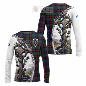 Nairn Tartan Long Sleeve T-Shirt with Family Crest and St. Andrew's Cross Accented by Thistle Vines Unisex - Tartan Vibes Clothing