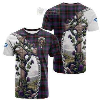 Tartan Vibes Clothing Nairn Tartan Cotton T-shirt with Family Crest and St. Andrew's Cross Accented by Thistle Vines
