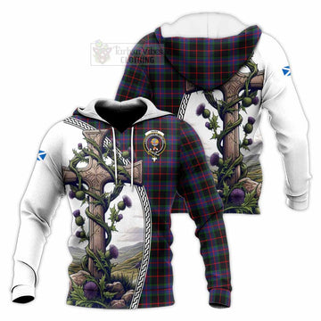 Nairn Tartan Knitted Hoodie with Family Crest and St. Andrew's Cross Accented by Thistle Vines Unisex Knitted Pullover Hoodie - Tartan Vibes Clothing