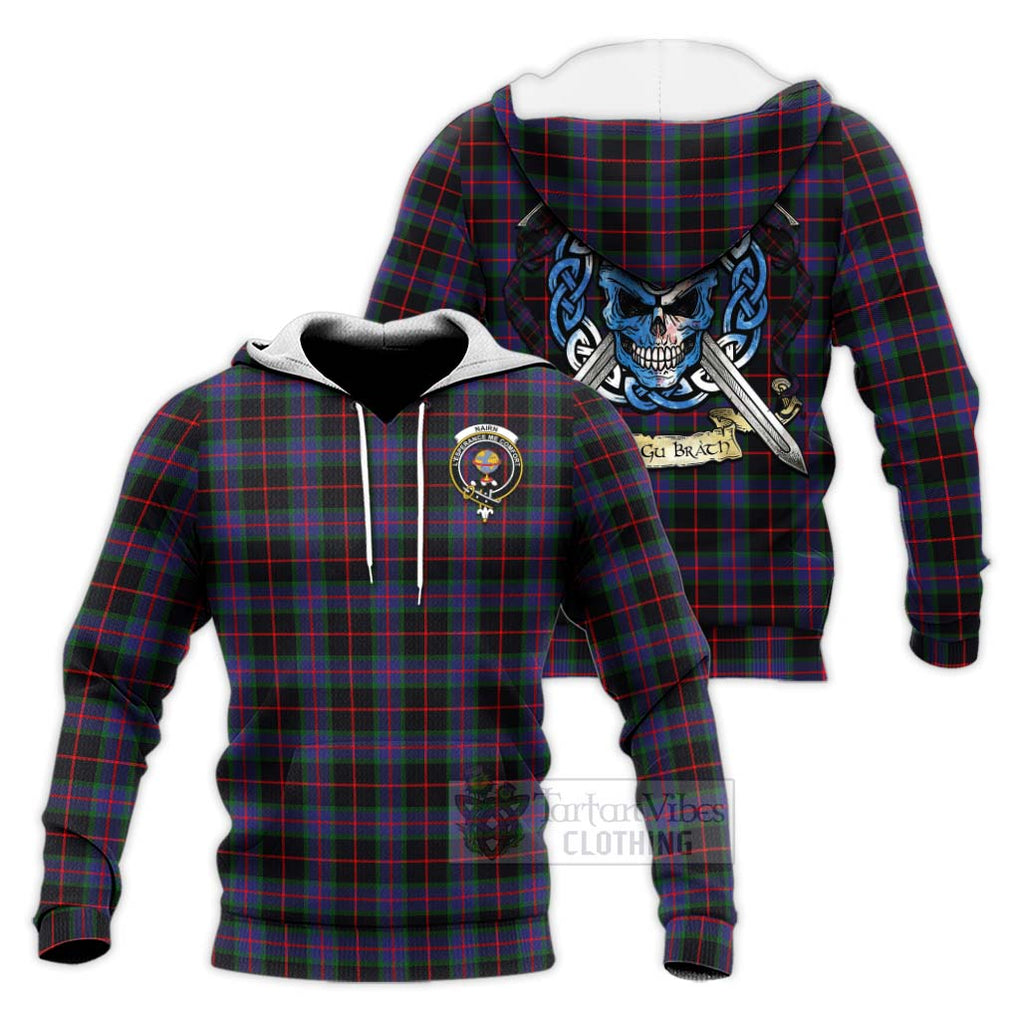 Nairn Tartan Knitted Hoodie with Family Crest Celtic Skull Style Unisex Knitted Pullover Hoodie - Tartan Vibes Clothing