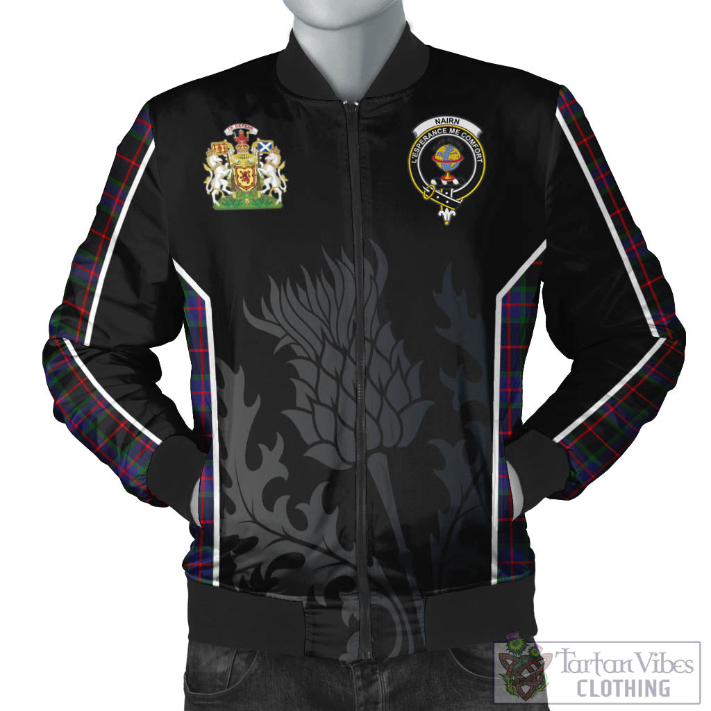 Nairn Tartan Bomber Jacket with Family Crest and Scottish Thistle Vibes Sport Style Unisex Black - Tartan Vibes Clothing