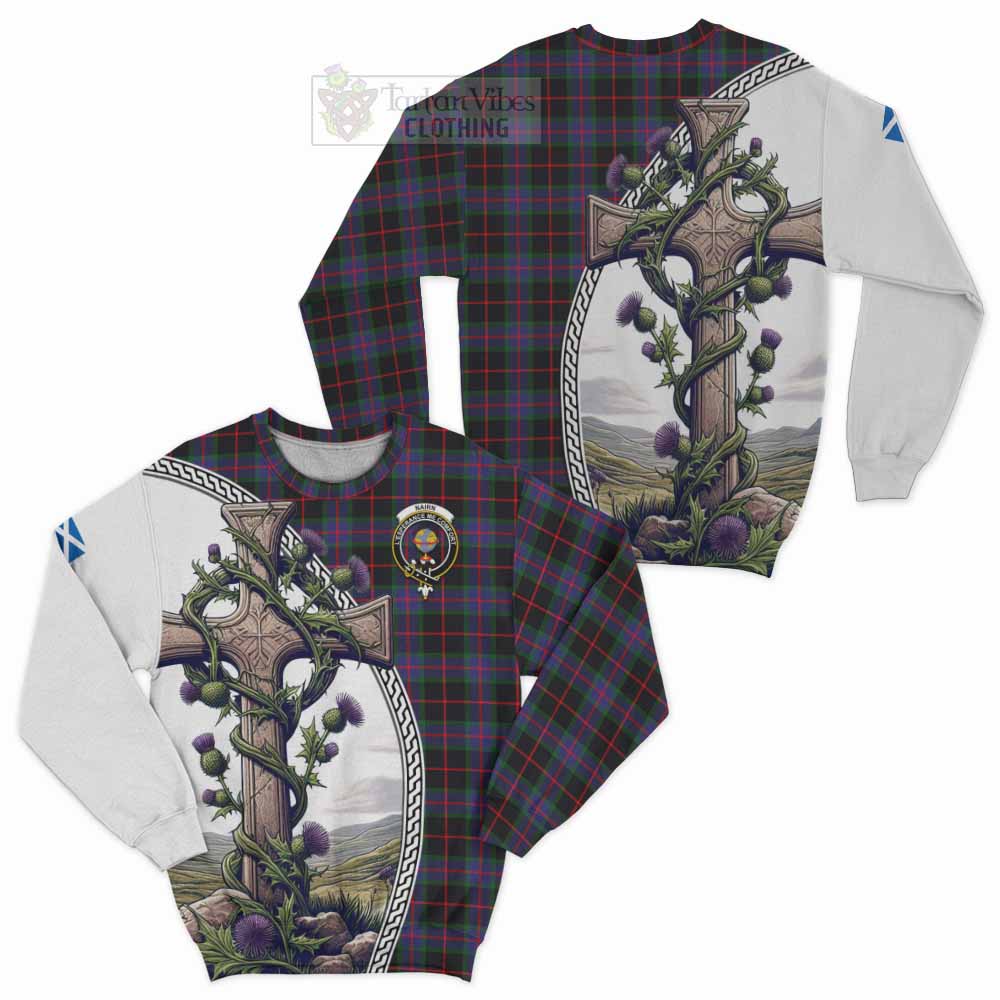 Nairn Tartan Sweatshirt with Family Crest and St. Andrew's Cross Accented by Thistle Vines Unisex - Tartan Vibes Clothing