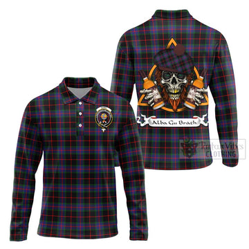 Nairn Tartan Long Sleeve Polo Shirt with Family Crest and Bearded Skull Holding Bottles of Whiskey Unisex - Tartan Vibes Clothing