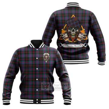 Nairn Tartan Baseball Jacket with Family Crest and Bearded Skull Holding Bottles of Whiskey Unisex - Tartan Vibes Clothing