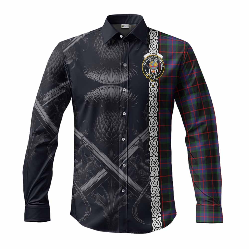 Tartan Vibes Clothing Nairn Tartan Long Sleeve Button Shirt with Family Crest Cross Sword Thistle Celtic Vibes