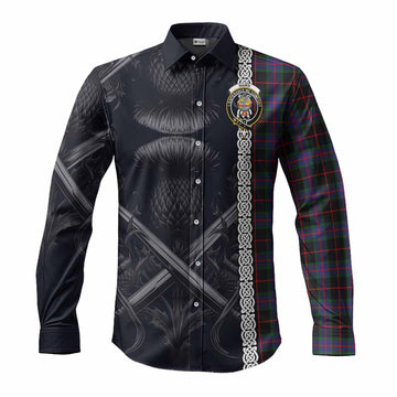 Tartan Vibes Clothing Nairn Tartan Long Sleeve Button Shirt with Family Crest Cross Sword Thistle Celtic Vibes