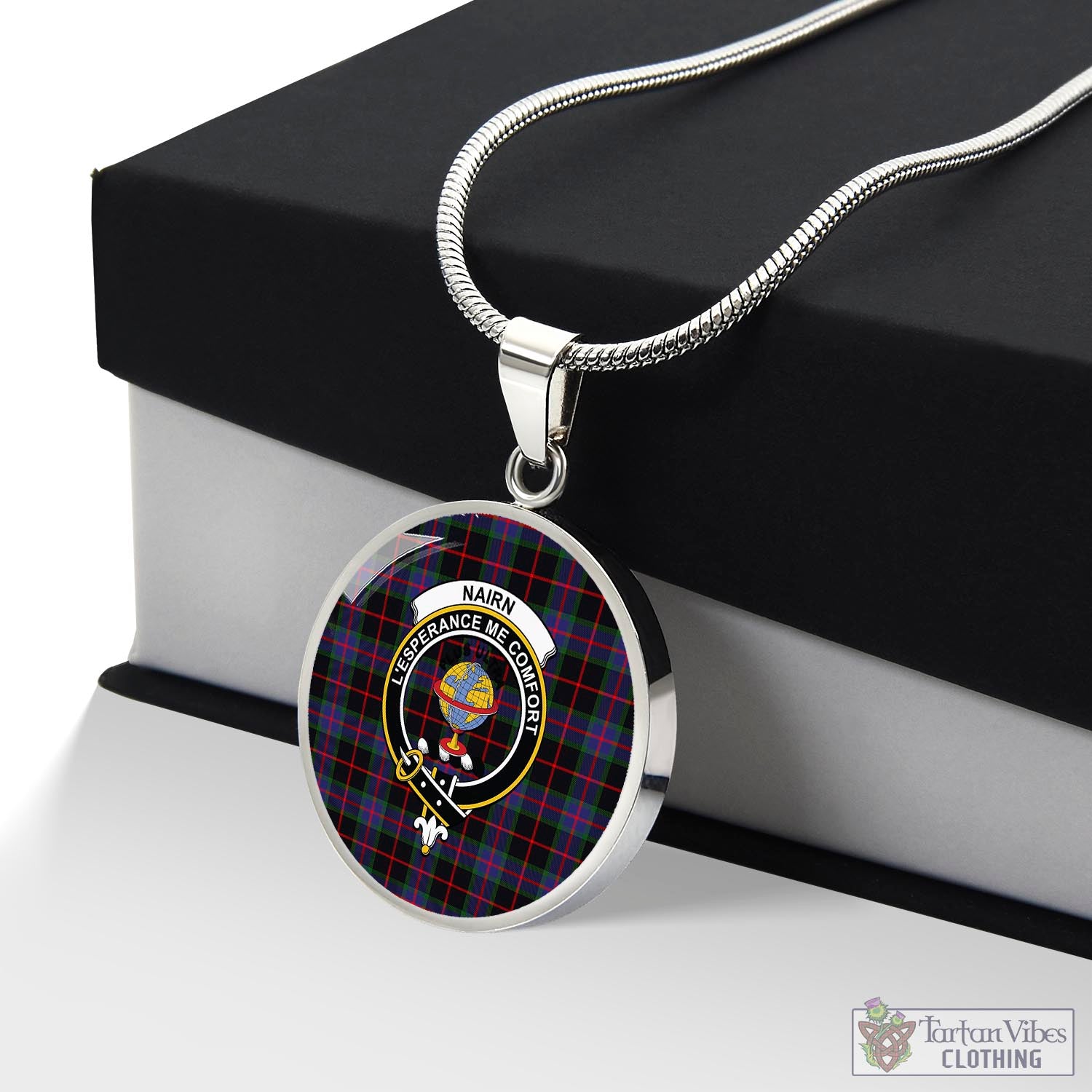 Tartan Vibes Clothing Nairn Tartan Circle Necklace with Family Crest