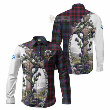 Nairn Tartan Long Sleeve Button Shirt with Family Crest and St. Andrew's Cross Accented by Thistle Vines Men's Shirt S - Tartan Vibes Clothing