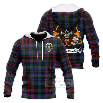 Nairn Tartan Knitted Hoodie with Family Crest and Bearded Skull Holding Bottles of Whiskey Unisex Knitted Pullover Hoodie - Tartan Vibes Clothing