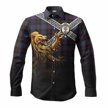 Nairn Crest Tartan Long Sleeve Button Shirt with Golden Lion Emblem Celtic Style Men's Shirt S - Tartan Vibes Clothing